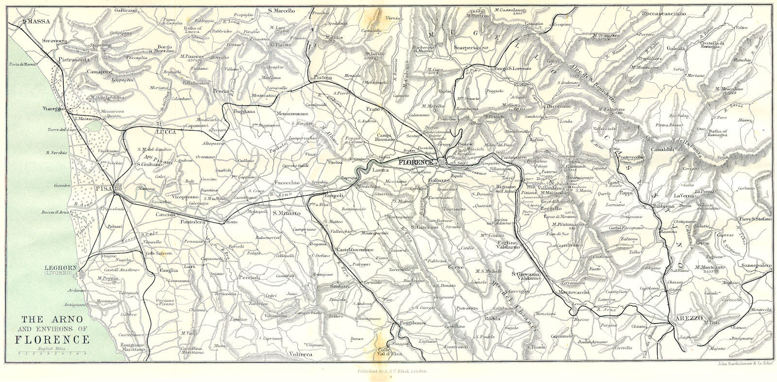 ITALY. Arno & area of Florence 1913 old antique vintage map plan chart